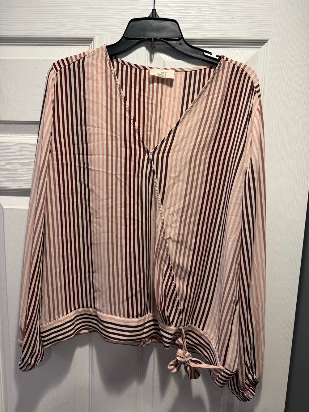 LOFT Pink and Burgundy Striped Tie-Front Blouse